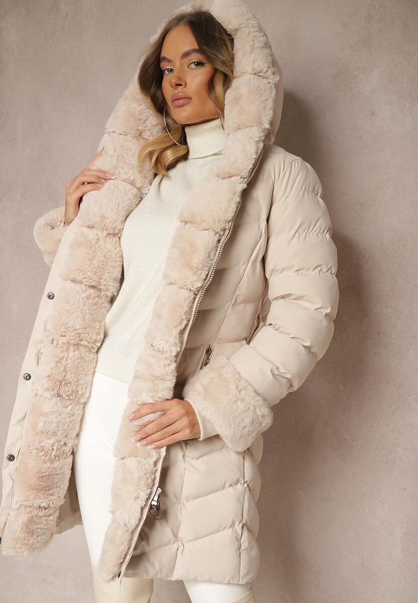 Ciemnozielona Kurtka z Pikowanymi Przeszyciami Mocno Ocieplana z Paskiem i Odpinanym Futerkiem Hedista