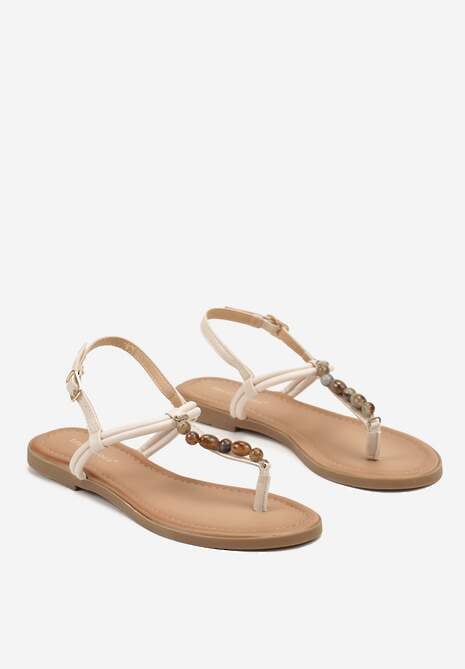 Beżowe Sandały Typu Japonki Ozdobione Koralikami Vimathea