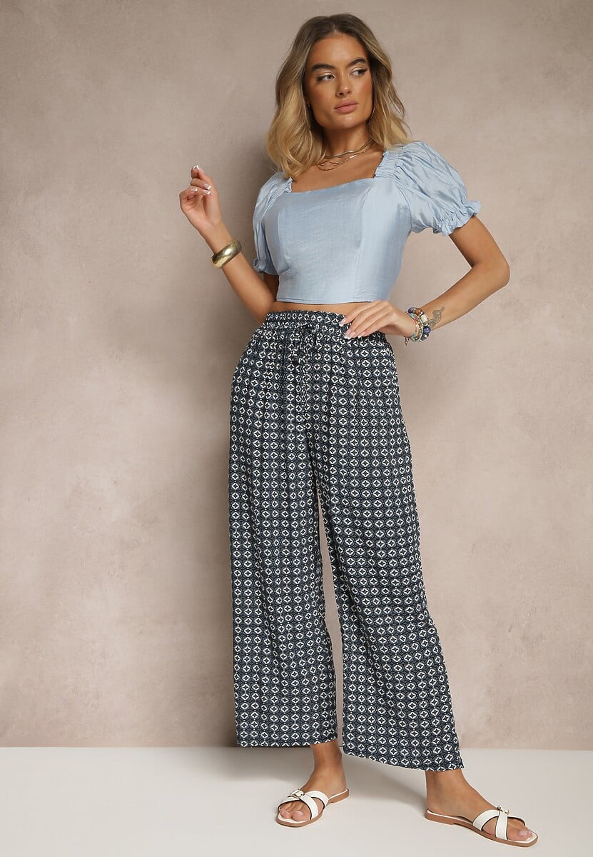Czarno-Granatowe Spodnie o Szerokim Kroju High Waist z Geometrycznym Wzorem Farisia