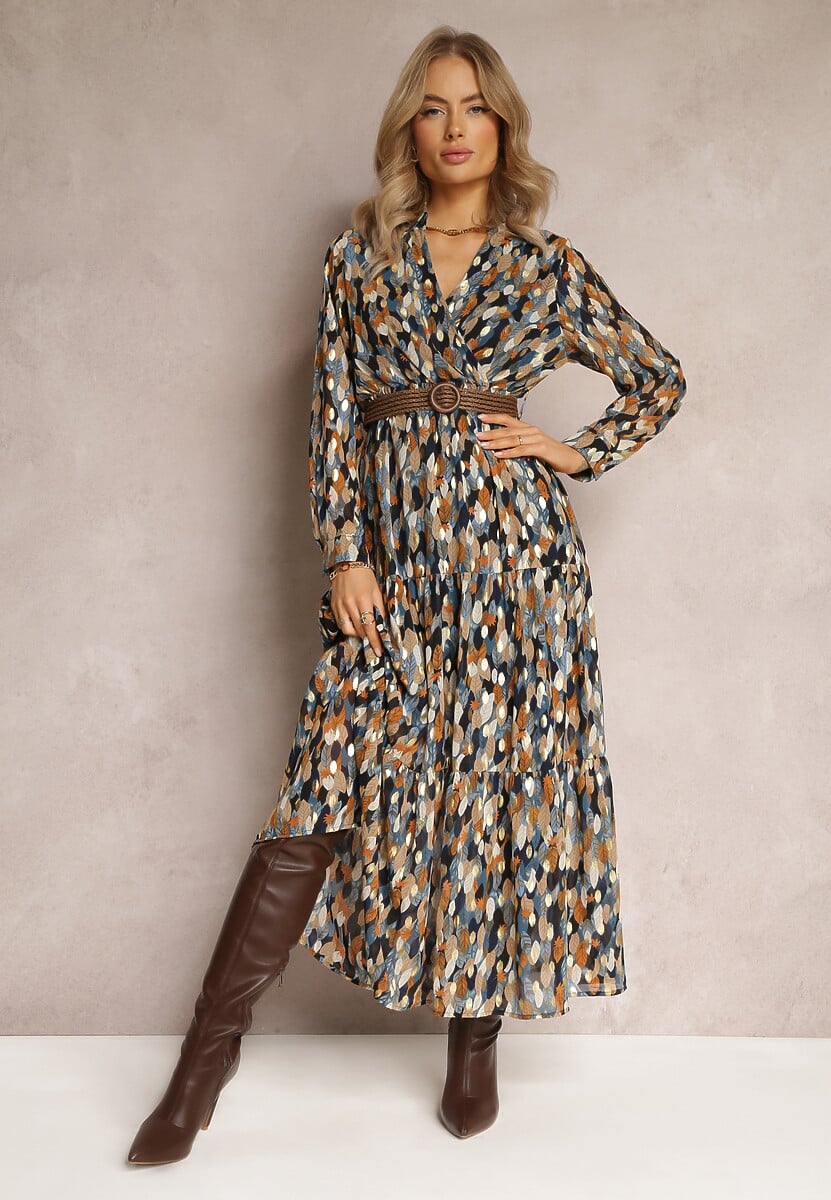 Granatowa Sukienka Bancroft z Błyszczącym Nadrukiem