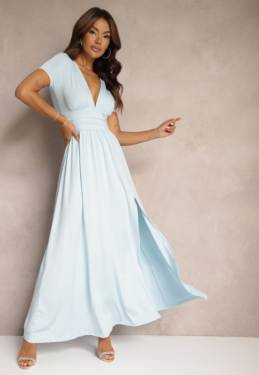 Czerwona Sukienka Maxi z Rozkloszowanym Dołem i Rozcięciem Zarya