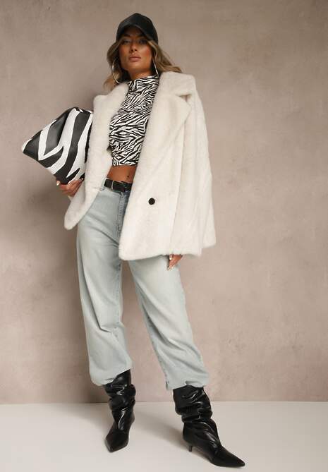 Biała Dwurzędowa Kurtka Futerko o Fasonie Oversize Manella