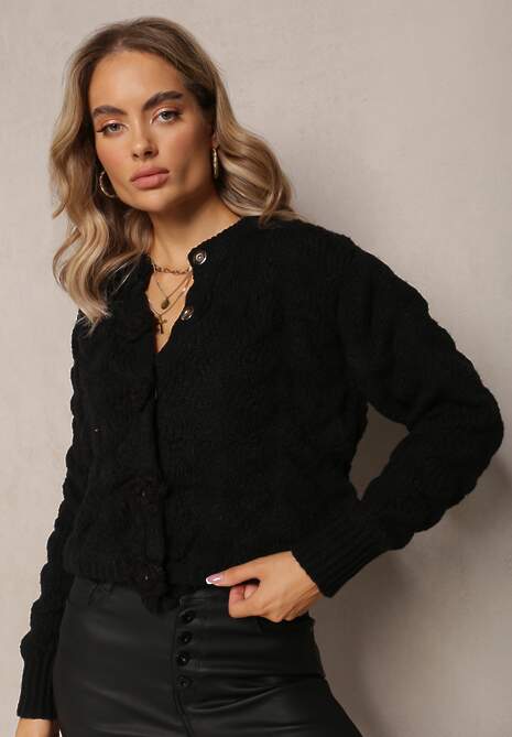 Czarny Kardigan z Miękkiej Dzianiny w Kwiaty Nufreda