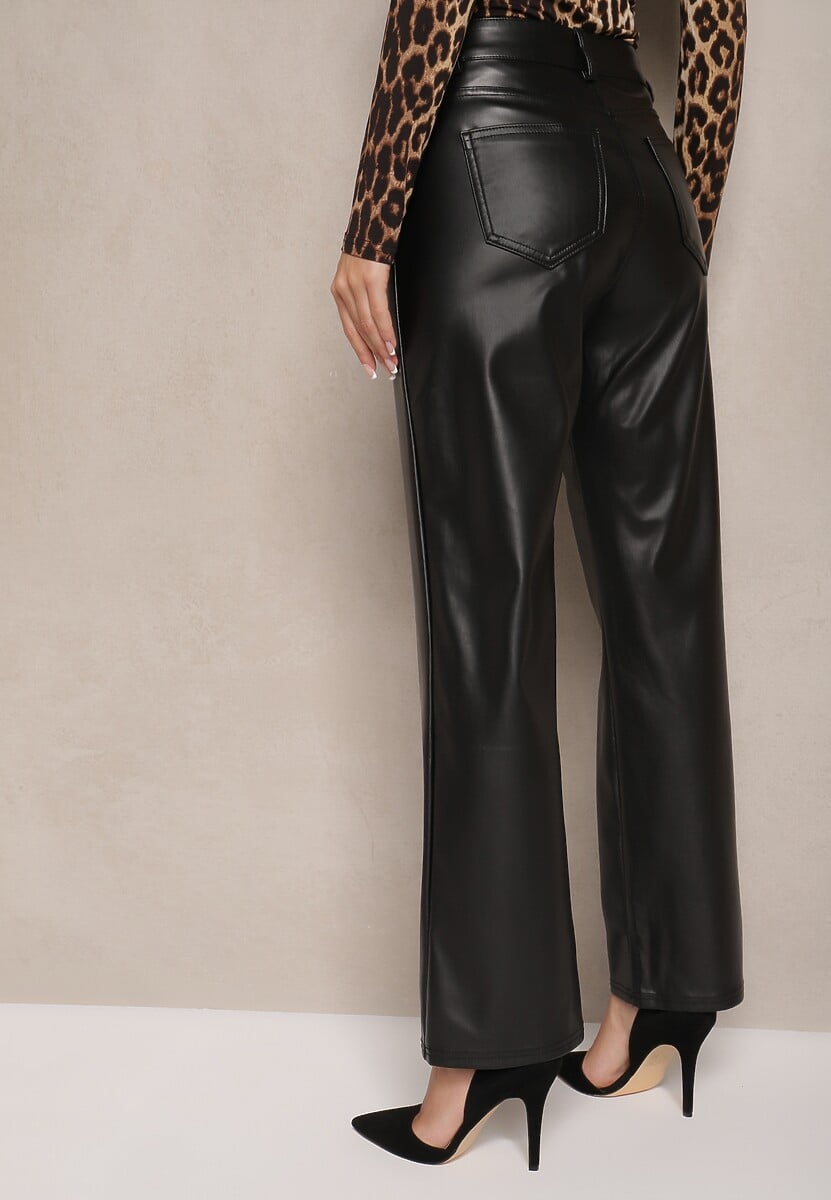 Czarne Spodnie z Ekoskóry o Prostym Kroju High Waist Arivra