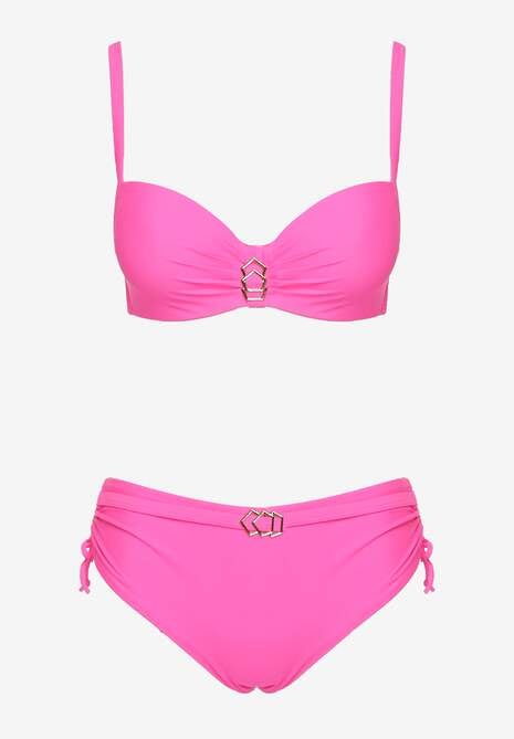 Fuksjowe Bikini Majtki Typu Figi i Biustonosz z Metalicznymi Ozdobami Kinasara