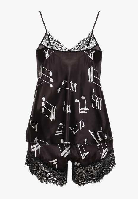 Czarny Satynowy Komplet Piżamowy we Florystyczny Print z Koronką Top i Szorty Galltaia