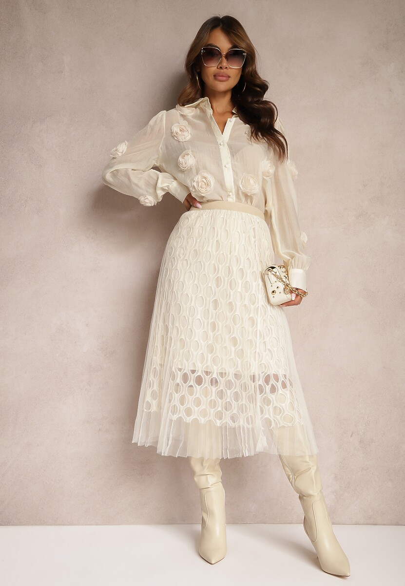 Jasnobeżowa Rozkloszowana Spódnica z Metaliczną Nitką i Tiulową Warstwą Trosa