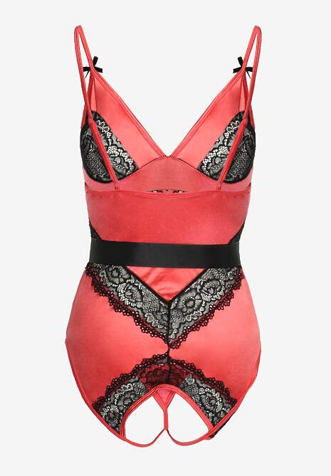 Różowo-Czarne Koronkowe Body ze Stringami z Paskiem w Talii Azuran