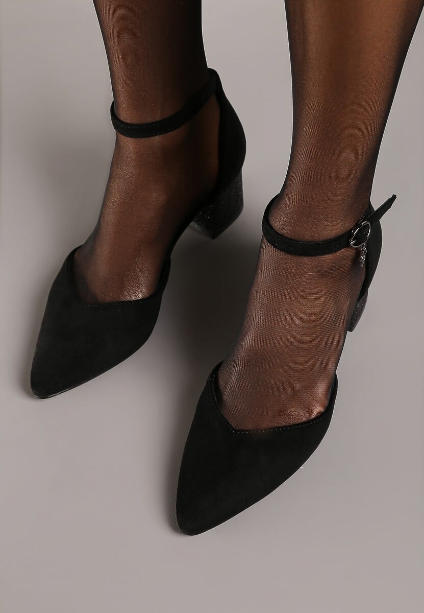 Czarne Czółenka Vices na Słupku ze Skórzaną Wkładką i Brokatowym Obcasem Lilria
