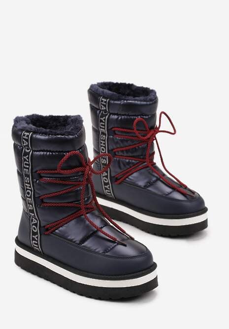 Granatowe Ocieplane Wsuwane Śniegowce na Grubej Podeszwie z Ozdobną Taśmą z Napisami Bharali