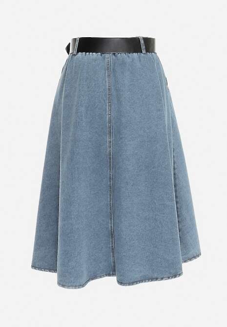 Niebieska Rozkloszowana Spódnica Jeansowa Midi z Paskiem Wendlla