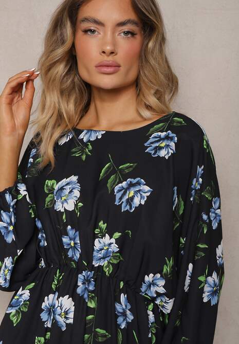 Czarno-Niebieska Midi Sukienka w Kwiaty o Rozkloszowanym Kroju z Rękawami Nietoperz Jervia