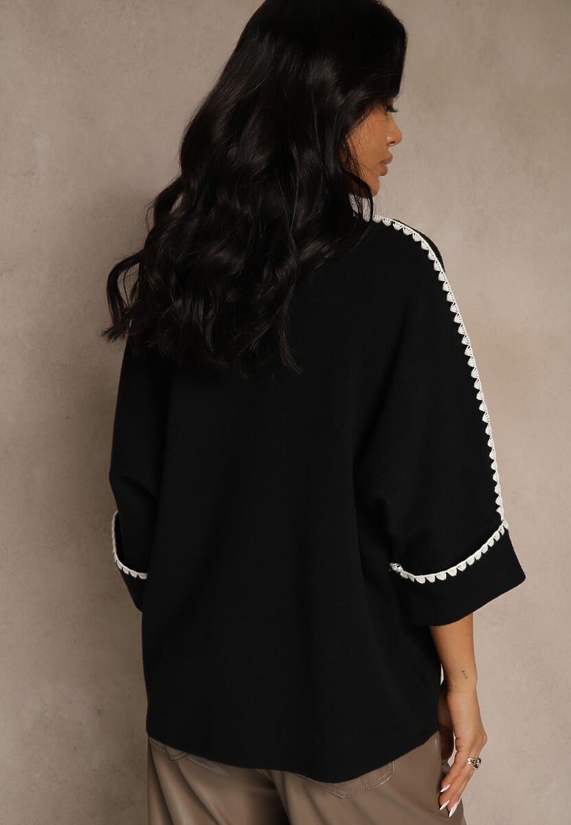 Czarny Sweter Ozdobiony Lamówką na Rękawach Tusenna