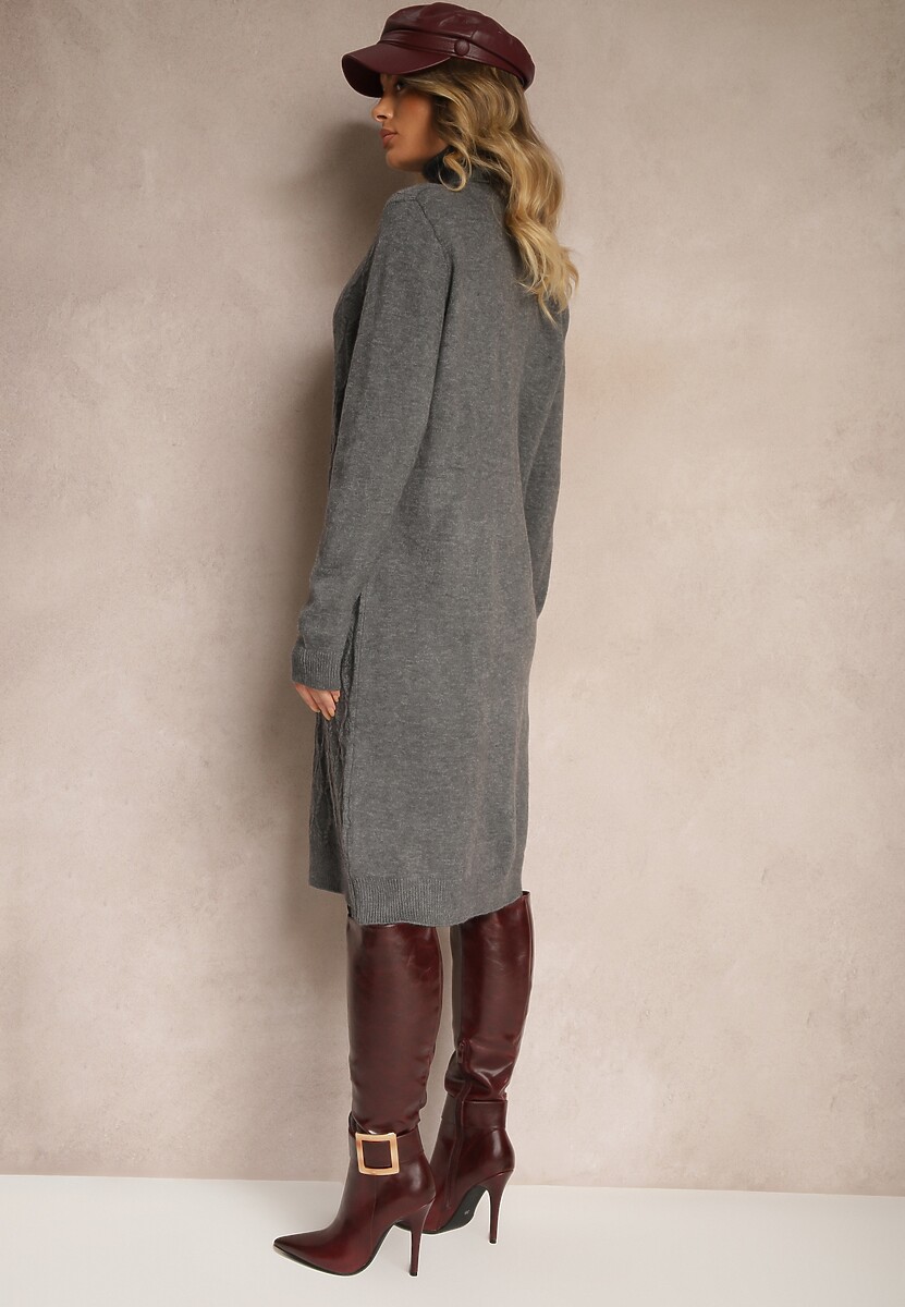 Ciemnoszara Pudełkowa Sukienka Sweterkowa z Golfem Bawełną i Wełną Elanavia