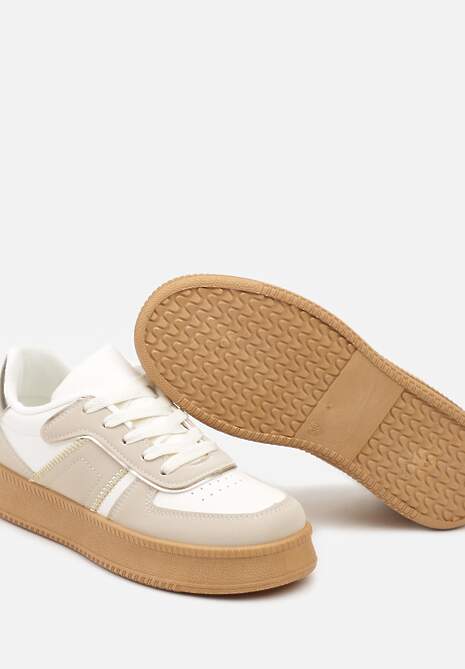 Beżowo-Białe Sneakersy na Płaskiej Podeszwie Ozdobione Przeszyciami i Perforacją Nealiora