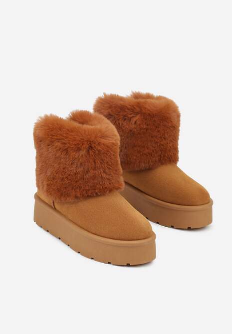 Jasnobrązowe Śniegowce z Cholewką za Kostkę Ocieplane z Futerkiem i Małą Kokardą Reinedia
