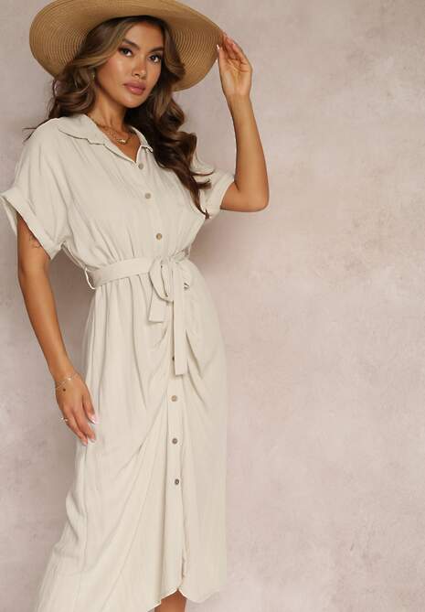 Jasnobeżowa Wiskozowa Sukienka Midi w Koszulowym Stylu z Gumką w Talii Paislli