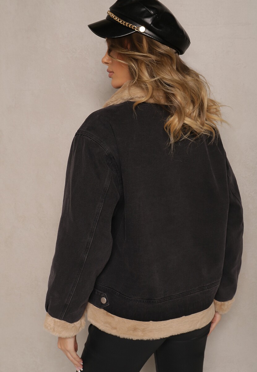 Ciemnoszara Jeansowa Kurtka z Bawełną i Futerkiem Ozdobiona Paskiem przy Kołnierzu Senalira