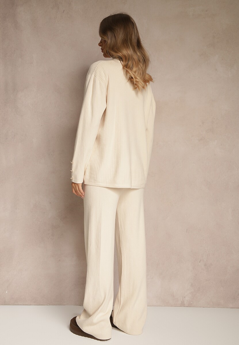 Jasnobeżowy Komplet z Dzianiny z Bawełną Spodnie Kardigan i T-shirt z Golfem Ralonia