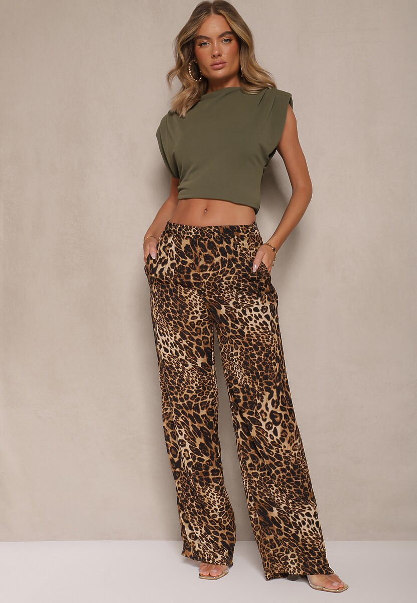 Beżowe Spodnie Panterkowe z Szerokimi Nogawkami High Waist z Zapięciem z Boku na Suwak Frisalie