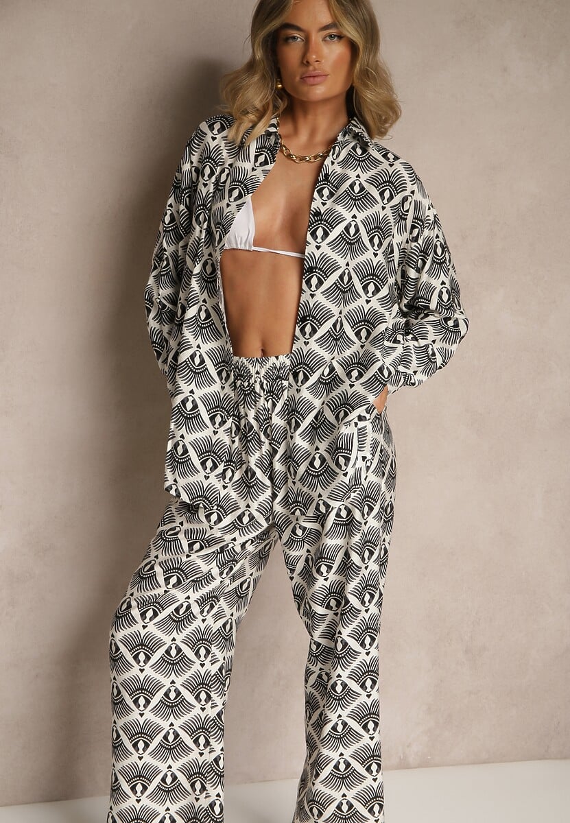 Czarny Komplet z Wiskozą Koszula i Spodnie Zdobiony Ornamentalnym Printem Elezoria