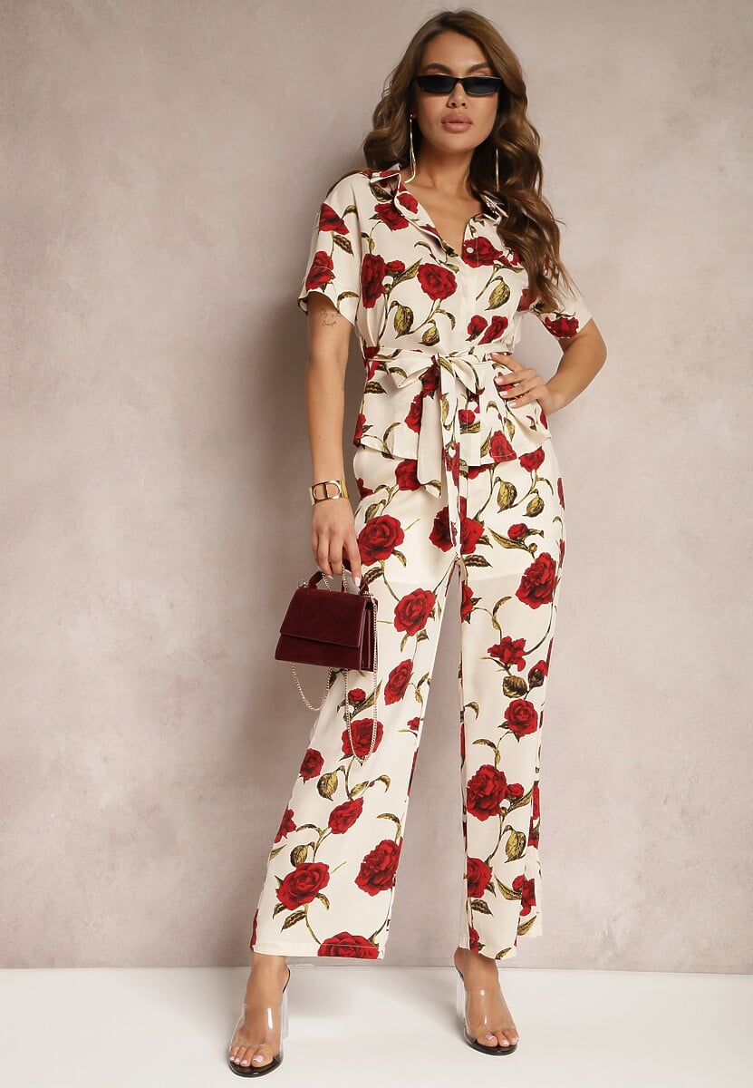 Beżowo-Bordowa Koszula w Kwiatowy Print Wiązana w Talii Uvularia