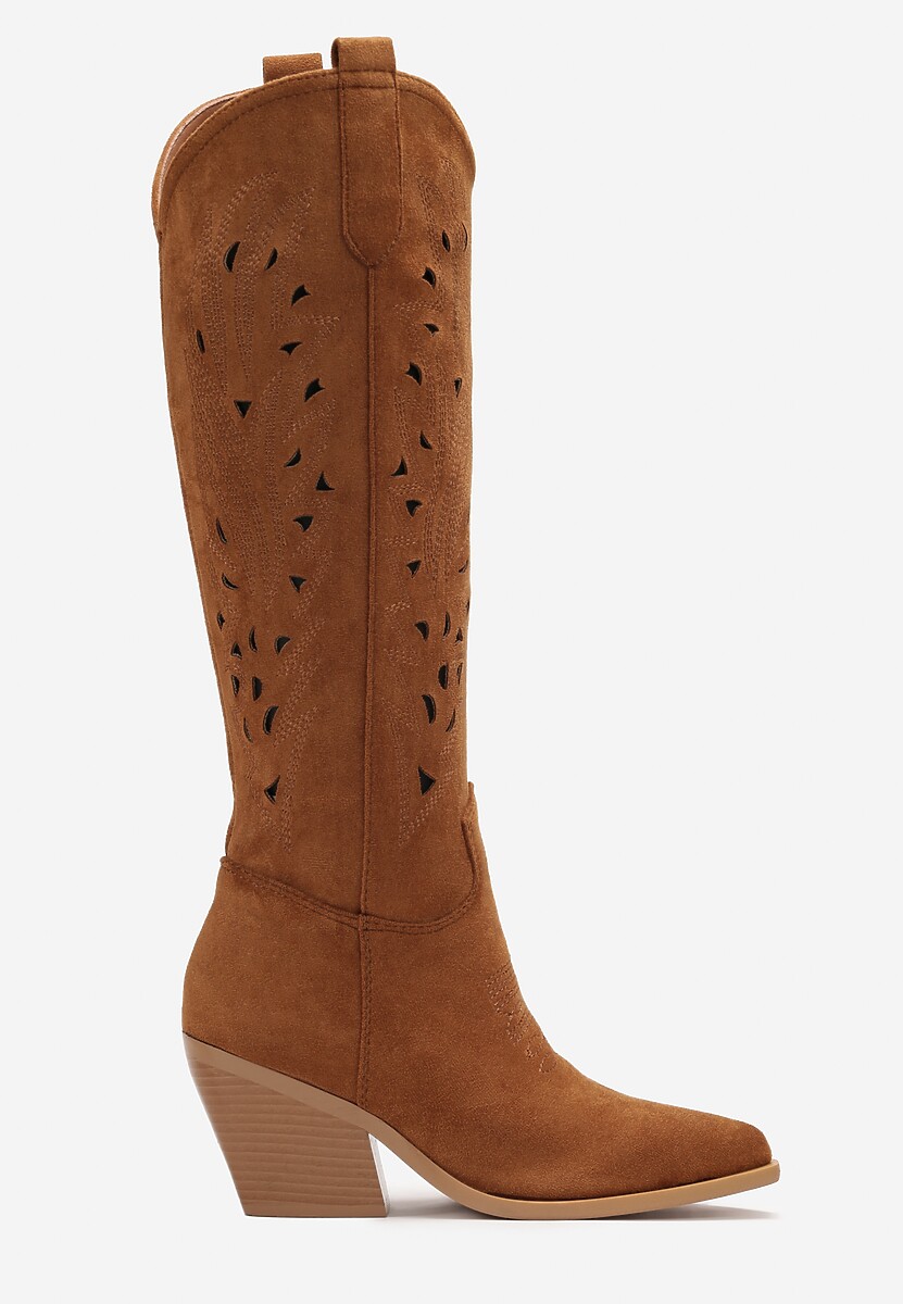 Brązowe Kozaki Kowbojki na Ściętym Słupku z Ażurową Cholewką Fenira