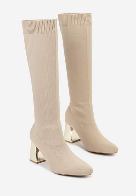 Ciemnobeżowe Eleganckie Kozaki VICES na Metalicznym Obcasie ze Skarpetkową Cholewką Nalaina