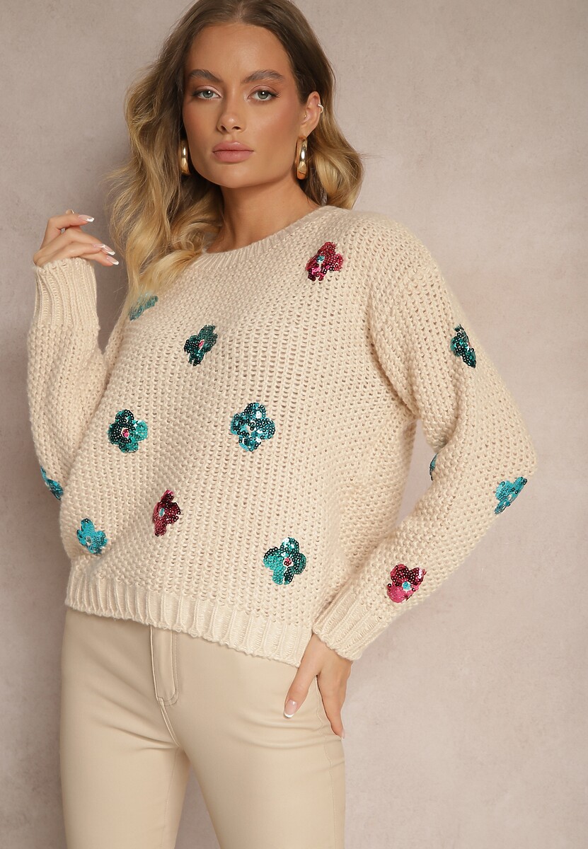 Jasnoszary Sweter z Wiskozą Zdobiony Cekinowymi Aplikacjami z Kwiatami Edalora