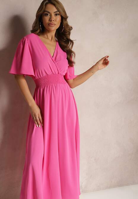 Różowa Sukienka z Luźnymi Rękawami Wiązaniem z Wycięciem na Plecach i Gumką w Talii Valenta