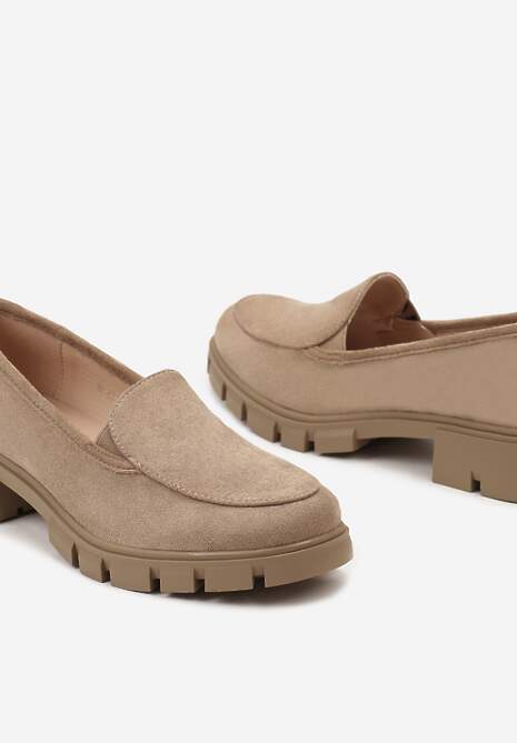 Ciemnobeżowe Mokasyny ze Skórzaną Wkładką i Grubą Ozdobną Podeszwą Viole