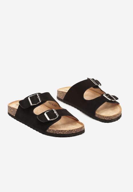 Czarne Klapki z Paskami z Regulacją i Ozdobną Sprzączką oraz Korkową Podeszwą Ozenia