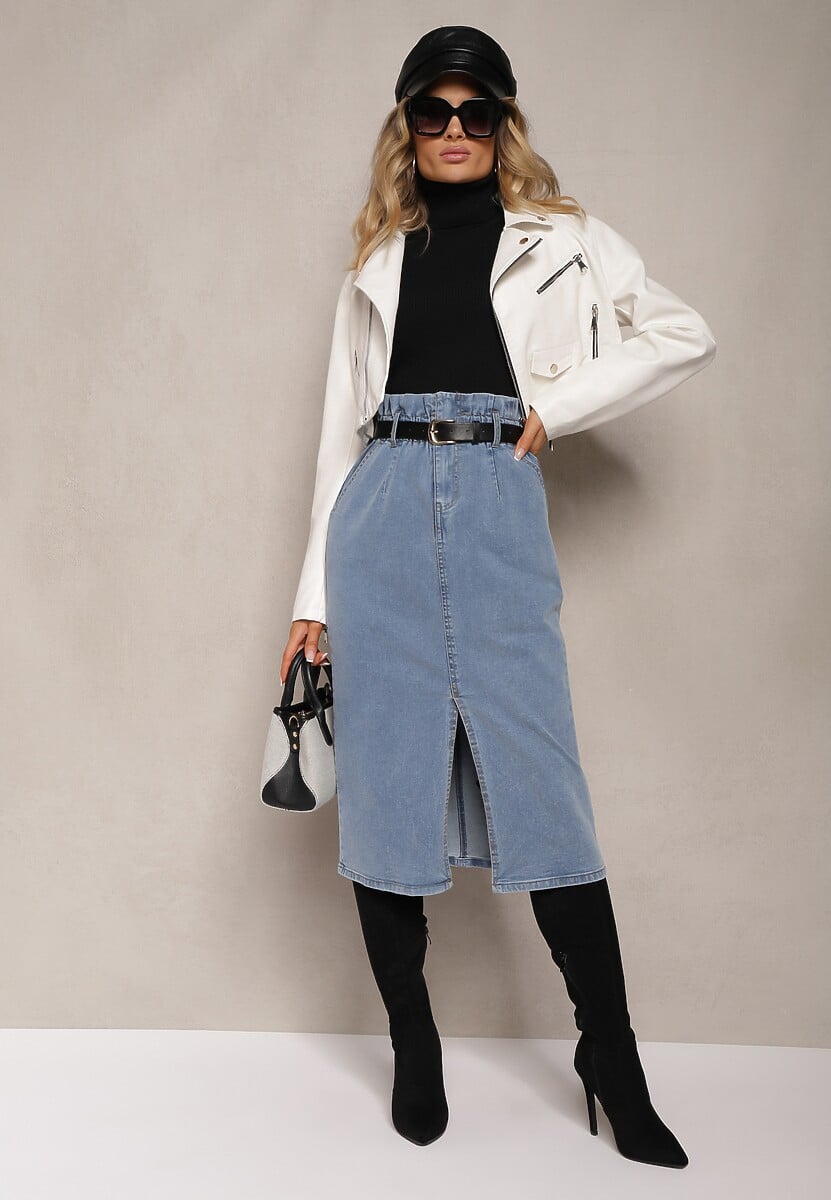 Zielona Bawełniana Spódnica High Waist z Rozcięciem Paskiem i Gumką w Talii Crisbella