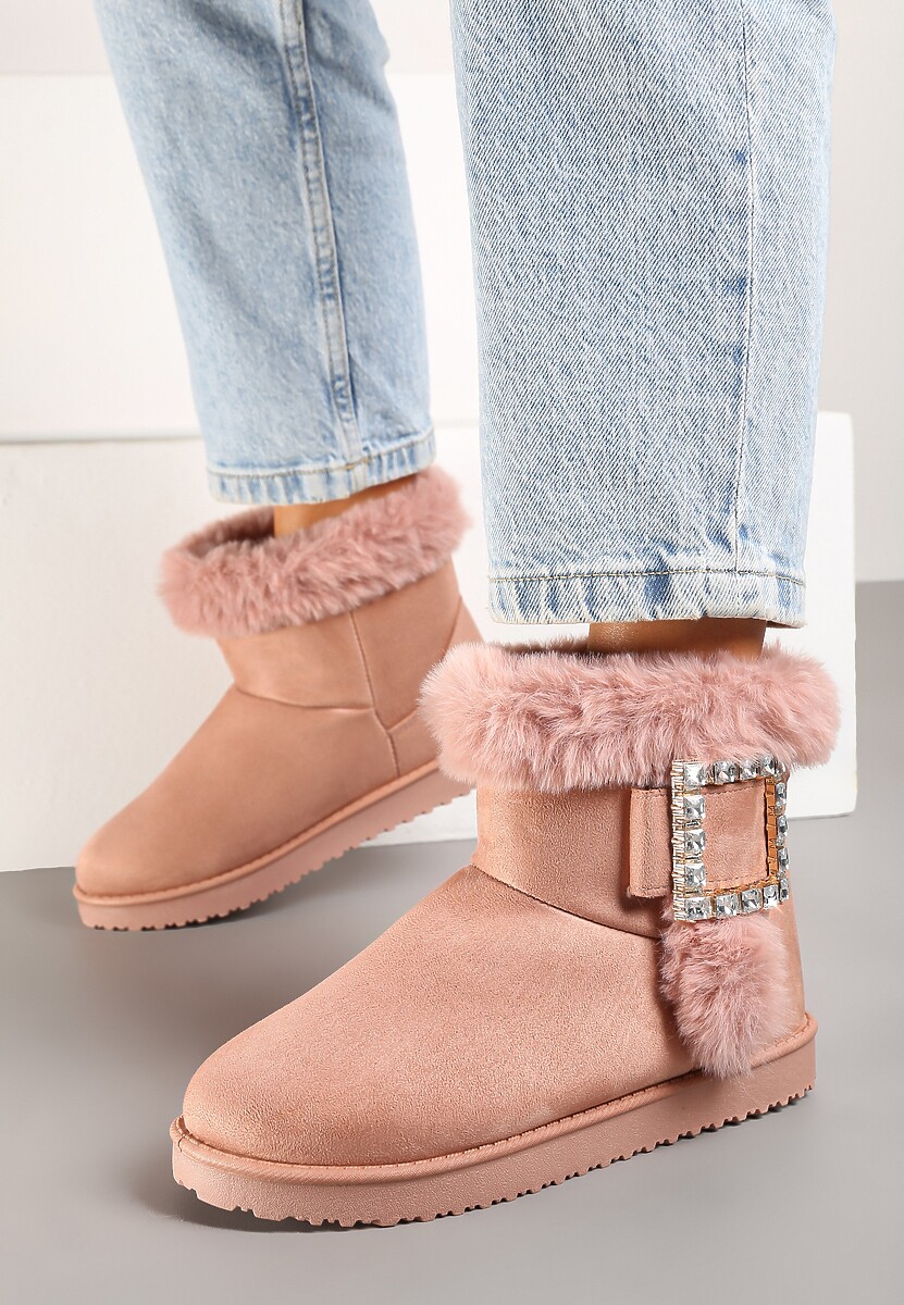 Różowe Śniegowce  na Płaskiej Podeszwie z Futerkiem i Klamrą z Cyrkoniami Liliara