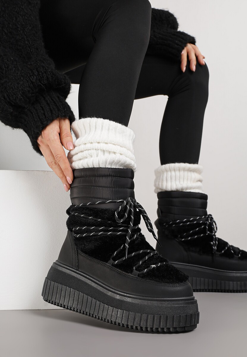 Czarne Śniegowce na Platformie z Tłoczeniem Ozdobione Futerkiem i Pikowaniem Adallie