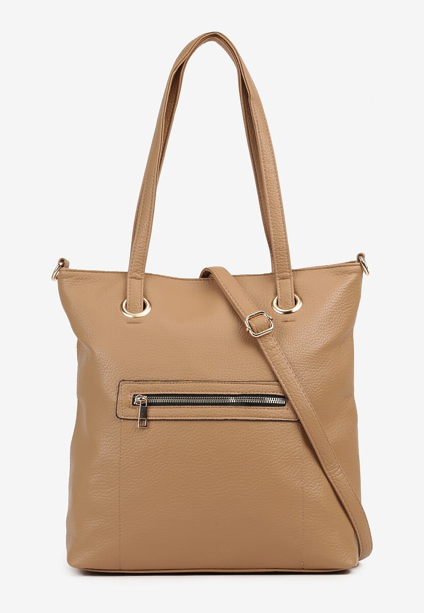 Ciemnobeżowa  Torebka Typu Shopper z Odpinanym Paskiem na Ramię i Ozdobnym Suwakiem Helila
