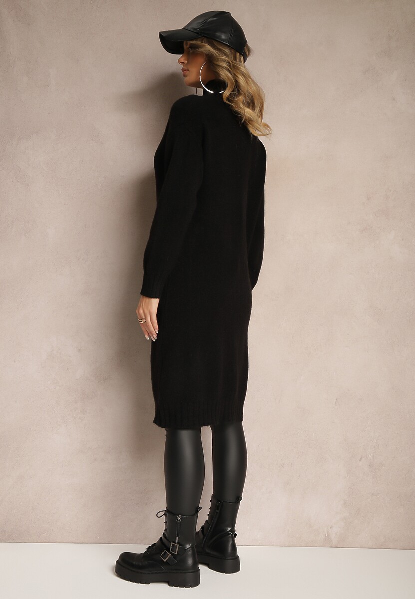 Czarny Casualowy Kardigan na Guziki z Wełną i Bawełną o Długim Kroju Vamini