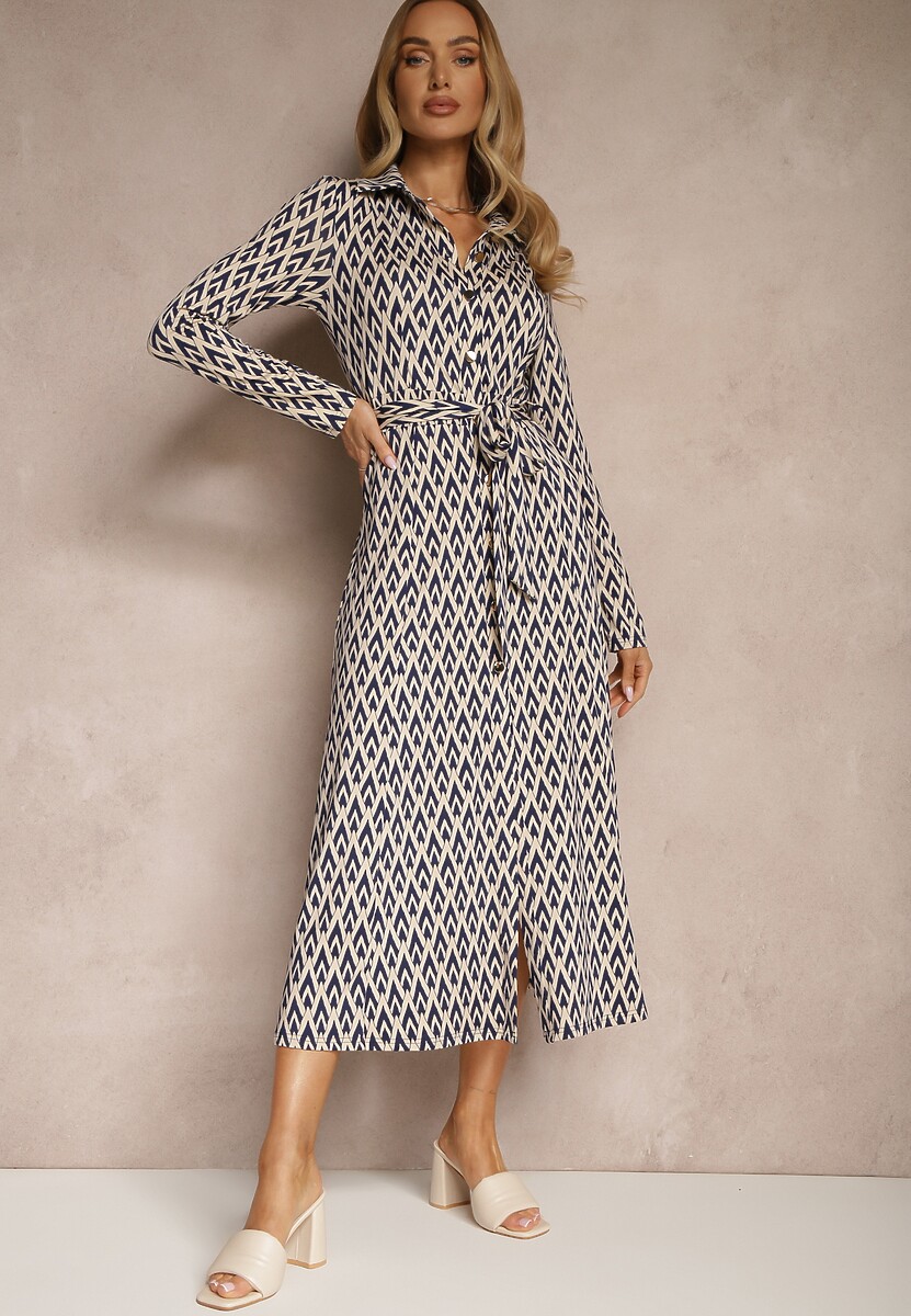 Niebieska Koszulowa Sukienka z Wiskozą Geometrycznym Wzorem i Paskiem Milseki