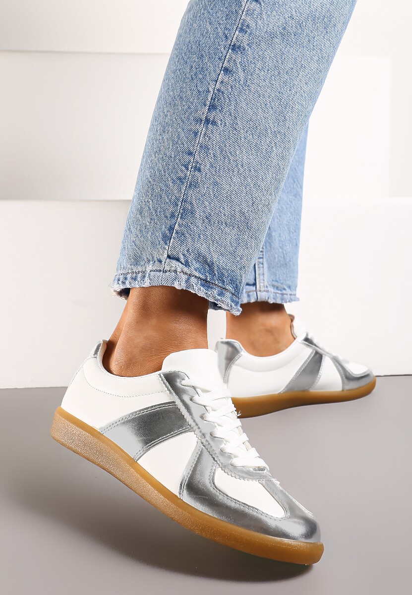 Srebrno-Białe Sneakersy Tenisówki z Ozdobnymi Przeszyciami Sumina