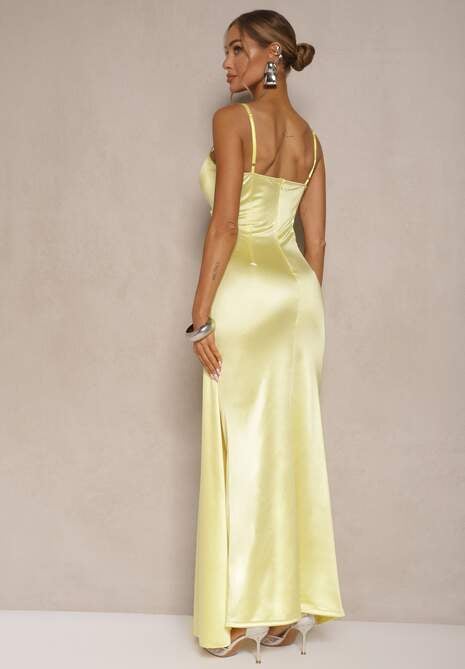 Żółta Sukienka Satynowa z Marszczeniem i Ozdobnym Trenem Katiriva
