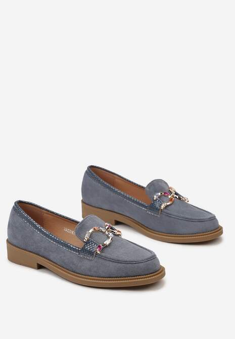 Niebieskie Mokasyny z Ozdobnym Tłoczeniem i Aplikacją z Mieniących się Kamieni Berxia