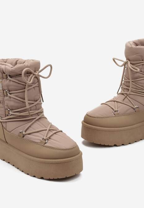 Ciemnobeżowe Śniegowce na Platformie z Ozdobnym Wiązaniem Zingie