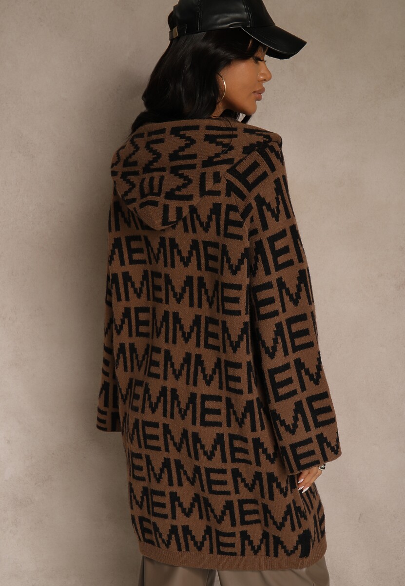 Brązowo-Czarny Kardigan na Suwak z Kapturem w Literowy Wzór Calitusa