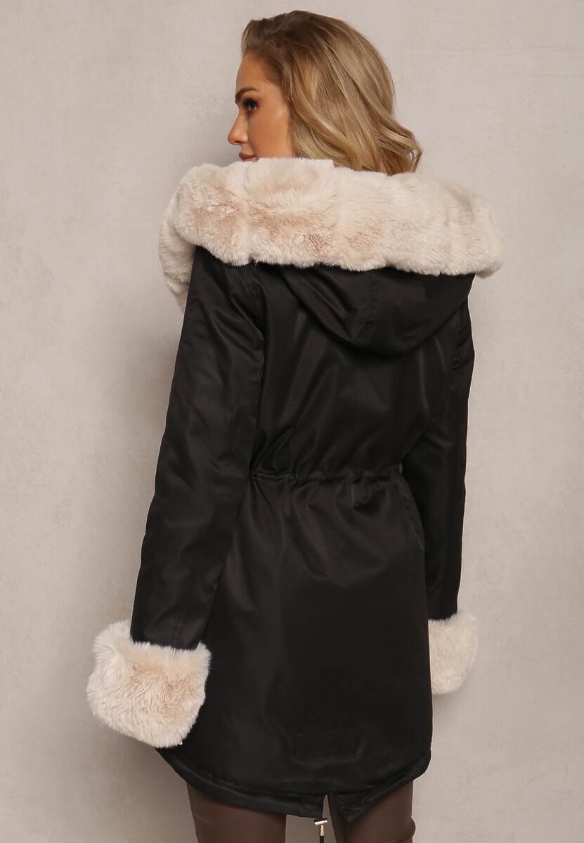 Czarno-Beżowa Kurtka Parka z Paskiem w Talii i Kapturem z Futerkiem Hizontia