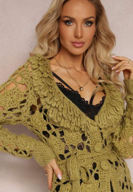 Zielony Ażurowy Kardigan z Wiązanym Paskiem Petrame