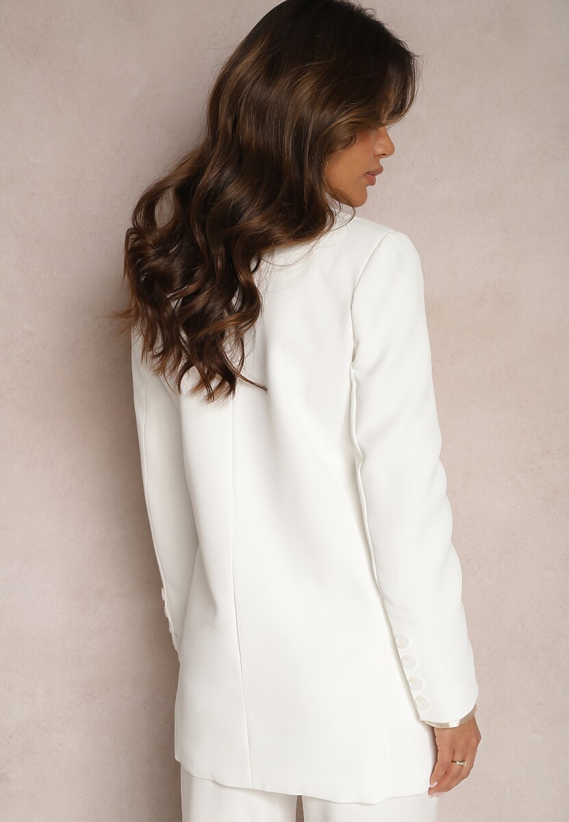 Biała Marynarka Dwurzędowa z Frędzlami przy Kieszeniach Marla