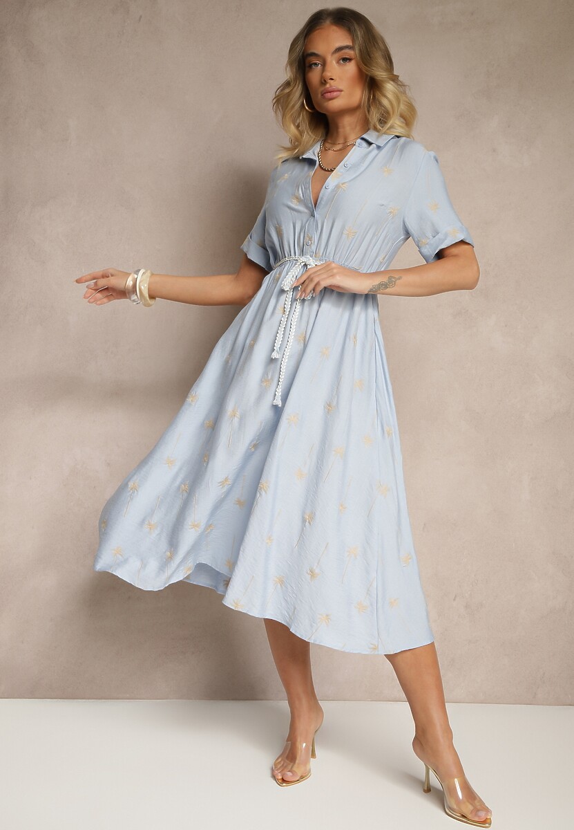 Niebieska Koszulowa Sukienka z Wiskozy o Rozkloszowanym Kroju z Wiązaniem Liselithra