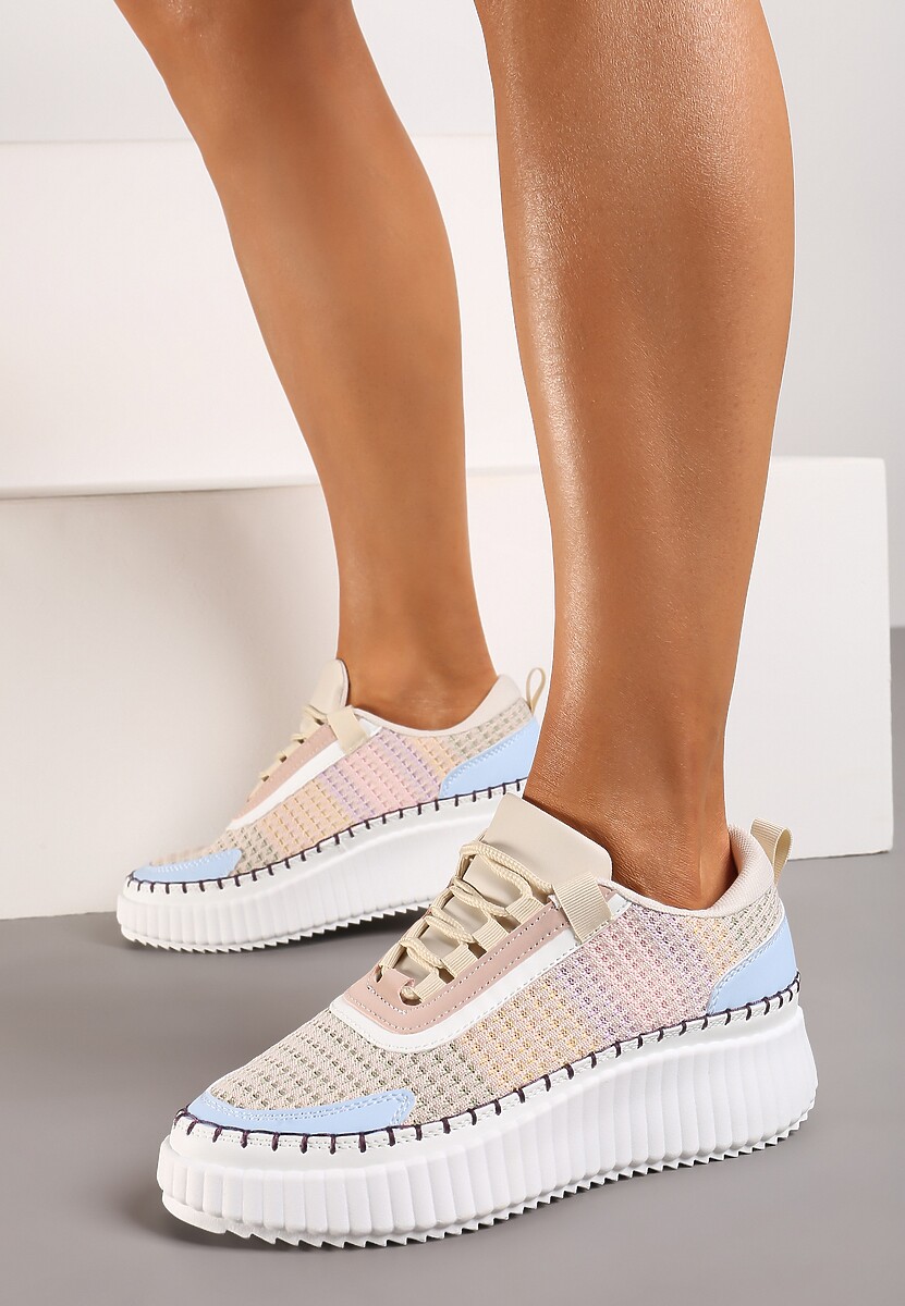 Beżowo-Niebieskie Sznurowane Sneakersy na Grubej Podeszwie do Kostki Pasapia