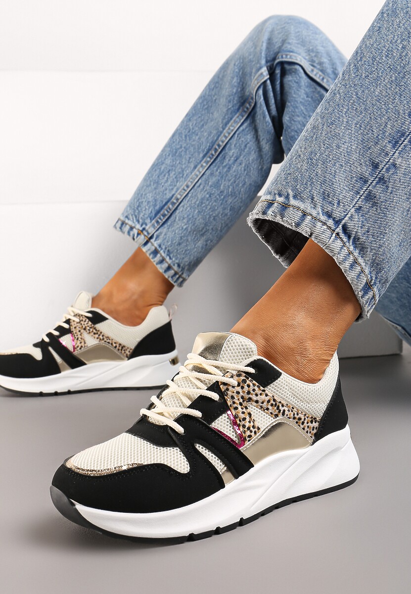 Czarno-Beżowe Sneakersy z Siateczkowymi i Metalicznymi Zdobieniami Detama