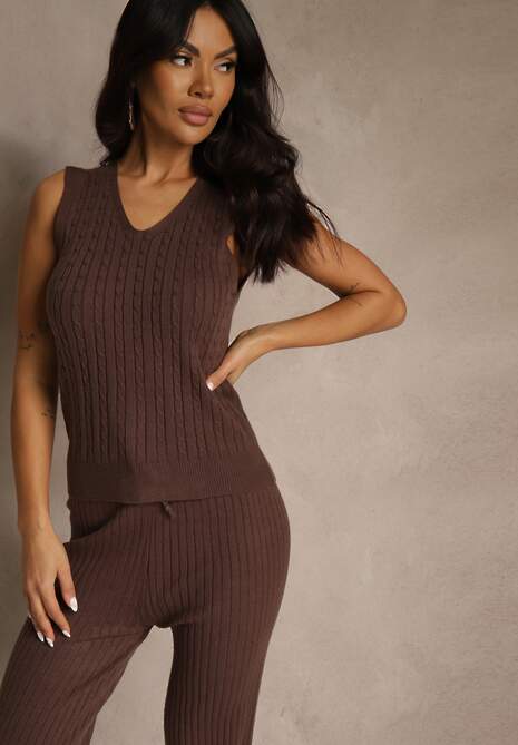 Brązowy Komplet z Dzianiny z Bawełną Spodnie Kamizelka i Długi Kardigan Mevalinia